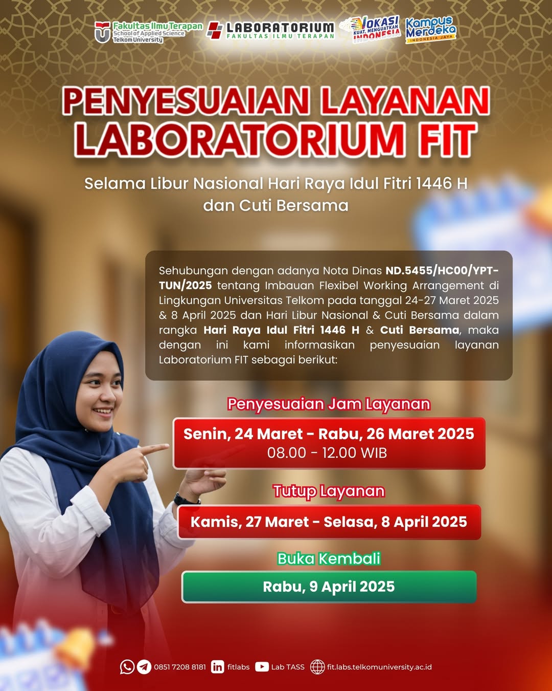 PENYESUAIAN LAYANAN LABORATORIUM FIT SELAMA LIBUR NASIONAL HARI RAYA IDUL FITRI 1446 H & CUTI BERSAMA